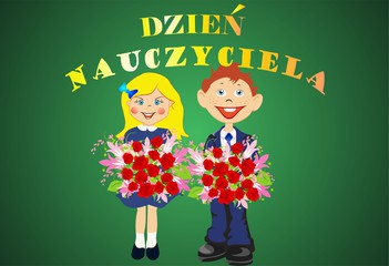 Zielona kartka z uczniami dzień nauczyciela